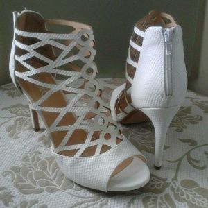 White Snakeskin Open-Toe Heels